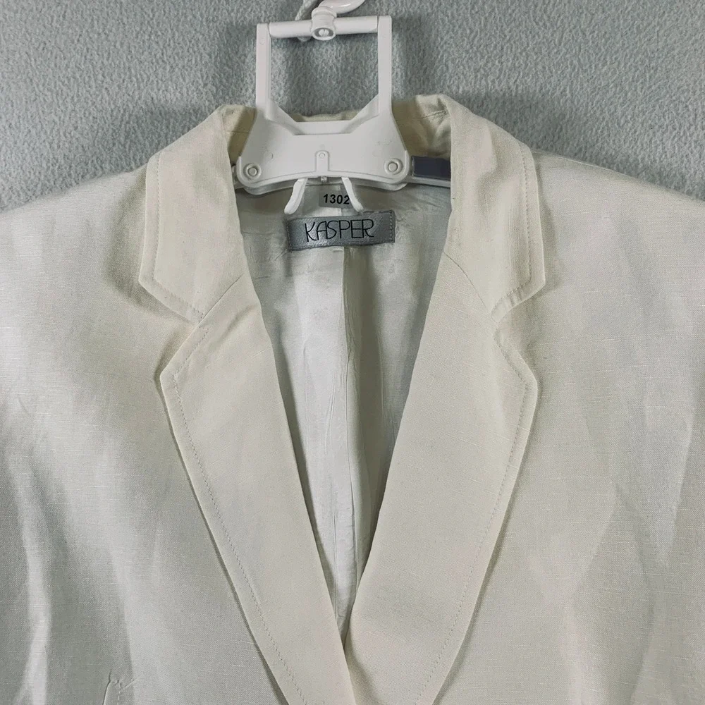 Kasper Blazer Women's 14 Ivory Linen Blend Ruched 3/4 Sleeve 1-Button Jacket